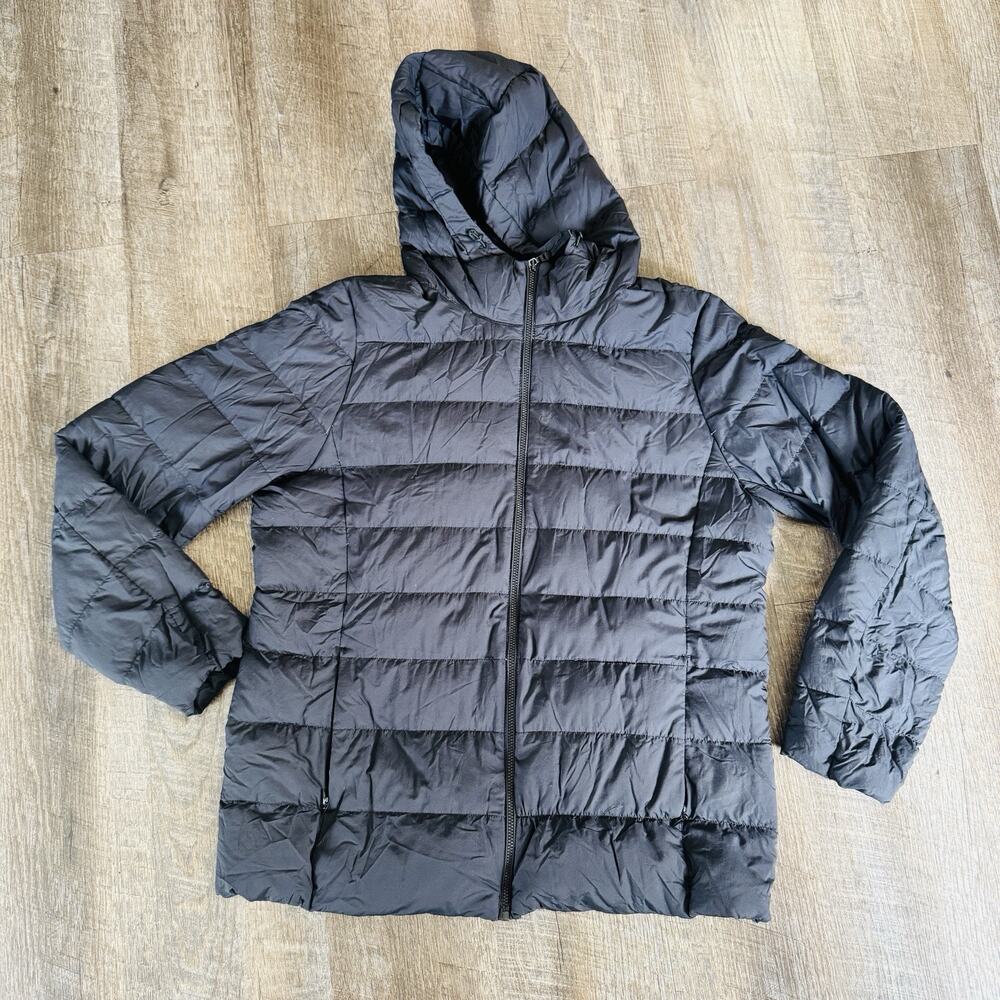 Uniqlo Ultra-Light Down Hooded Jacket Black Puffer Full Zip Kids Size L Unisex